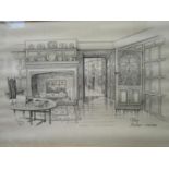F G Lewin - The Langford Room/The Solar Room, two pen and ink illustrations of interior rooms,
