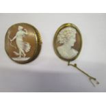 Two 19th century Italian shell cameos, one depicting Diana the Huntress, the other a classical