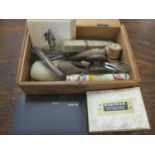 A miscellaneous lot to include vintage hand tools, painted tiles, vintage scissors and a compass