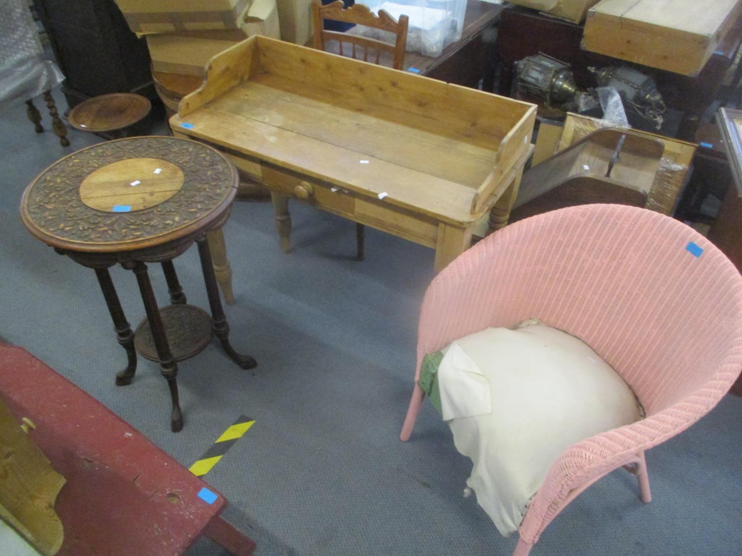 A 20th century pine washstand, a painted Lloyd Loom chair, late 19th century carved walnut table