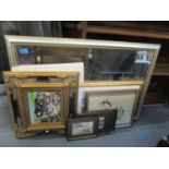 A contemporary silver and gold coloured wall mirror with bevelled glass signed prints and framed and