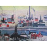 After Lowry - an industrial river landscape, oil on board, framed 27" x 19 1/4"