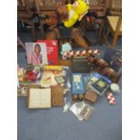 A quantity of retro knitting patterns, box of mixed items and a 1970s handmade wooden rocking horse