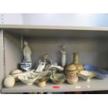 A group of Lladro porcelain figures, Caughey blue and white tea bowls and a selection of studio