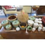 A selection of oriental items to include a porcelain rice bowl set decorated with bats, wooden