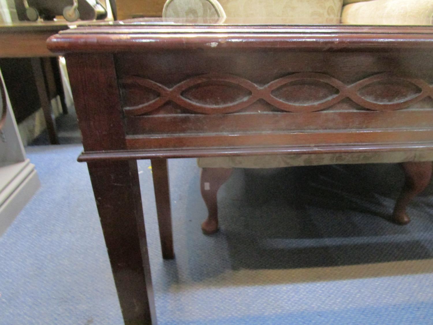 A mahogany side table with string inlay and crossbanded top with moulded edge, blind fretwork frieze - Image 3 of 3