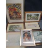 Two framed and glazed reproduction French advertising prints and others, together with a signed