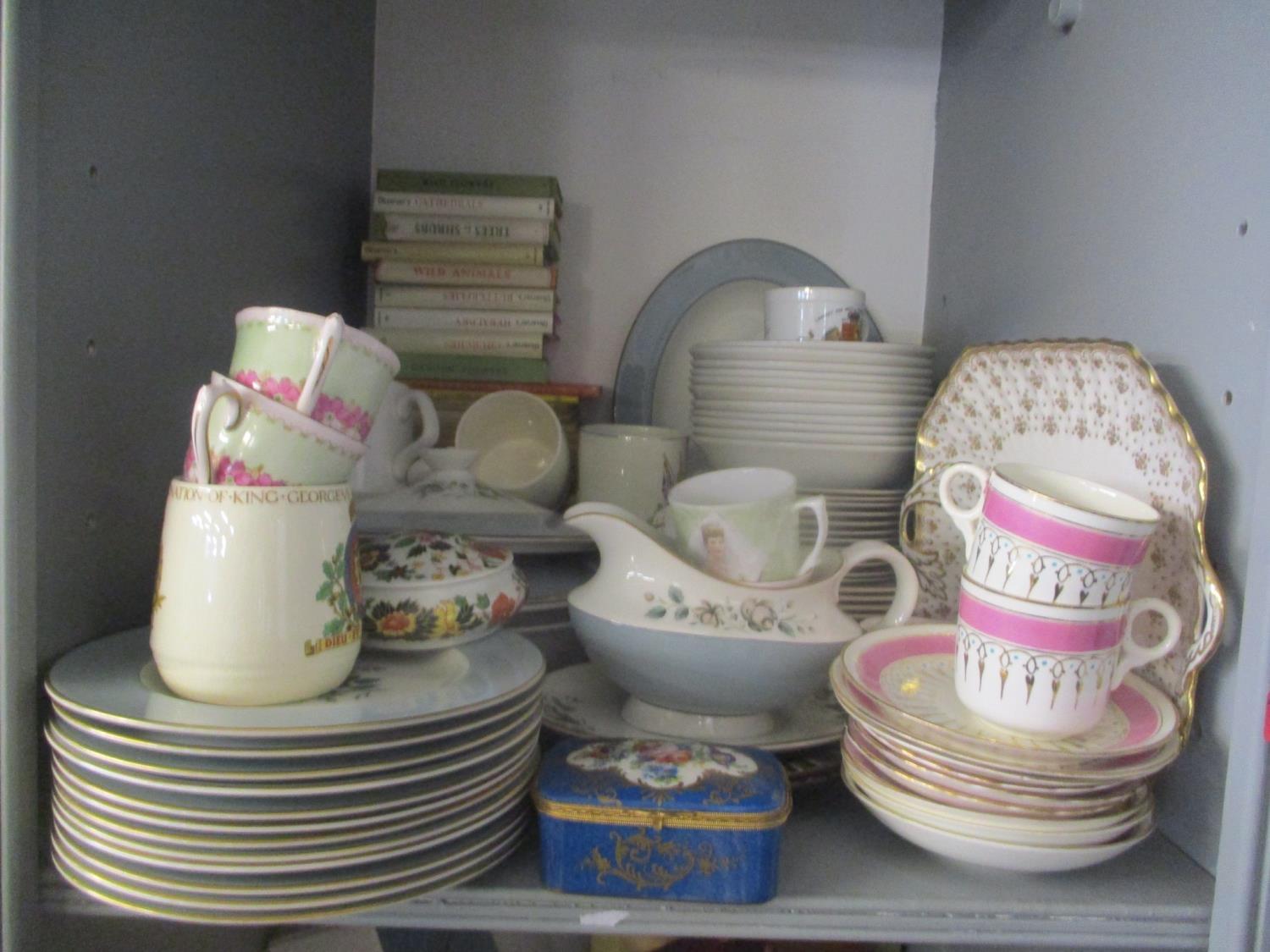 A mixed lot to include a French painted trinket box, mixed books, Doulton Rose Elegons and other