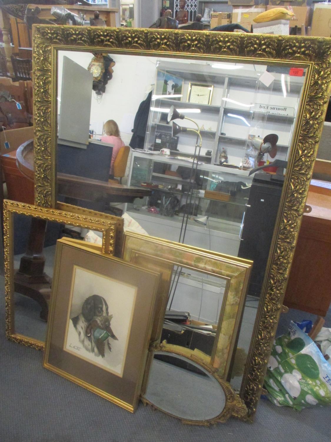 Pictures and mirrors to include three gilt framed mirrors and Jean Herppet - a Spaniel with a duck