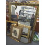 Pictures and mirrors to include three gilt framed mirrors and Jean Herppet - a Spaniel with a duck