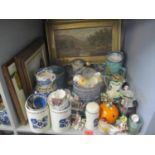 A mixed lot to include framed oil paintings, blue and white china, Masons jug, glass scent bottle