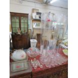 Six Lily vases, mixed glassware to include fish pates, a gazpacho/punch bowl with lid and ladle