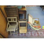 A mixed lot of wooden ware to include two printers trays, two folding child's chairs, bamboo handled
