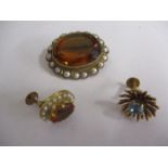 Two 9ct gold earrings of differing designs, together with a yellow metal citrine and seed pearl