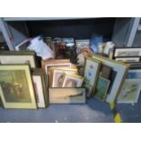 A miscellaneous lot to include cameras, bar ware, linen and a selection of framed and glazed