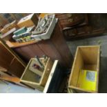 Two wooden tea chests and a painted tin trunk containing a selection of vintage tools to include a