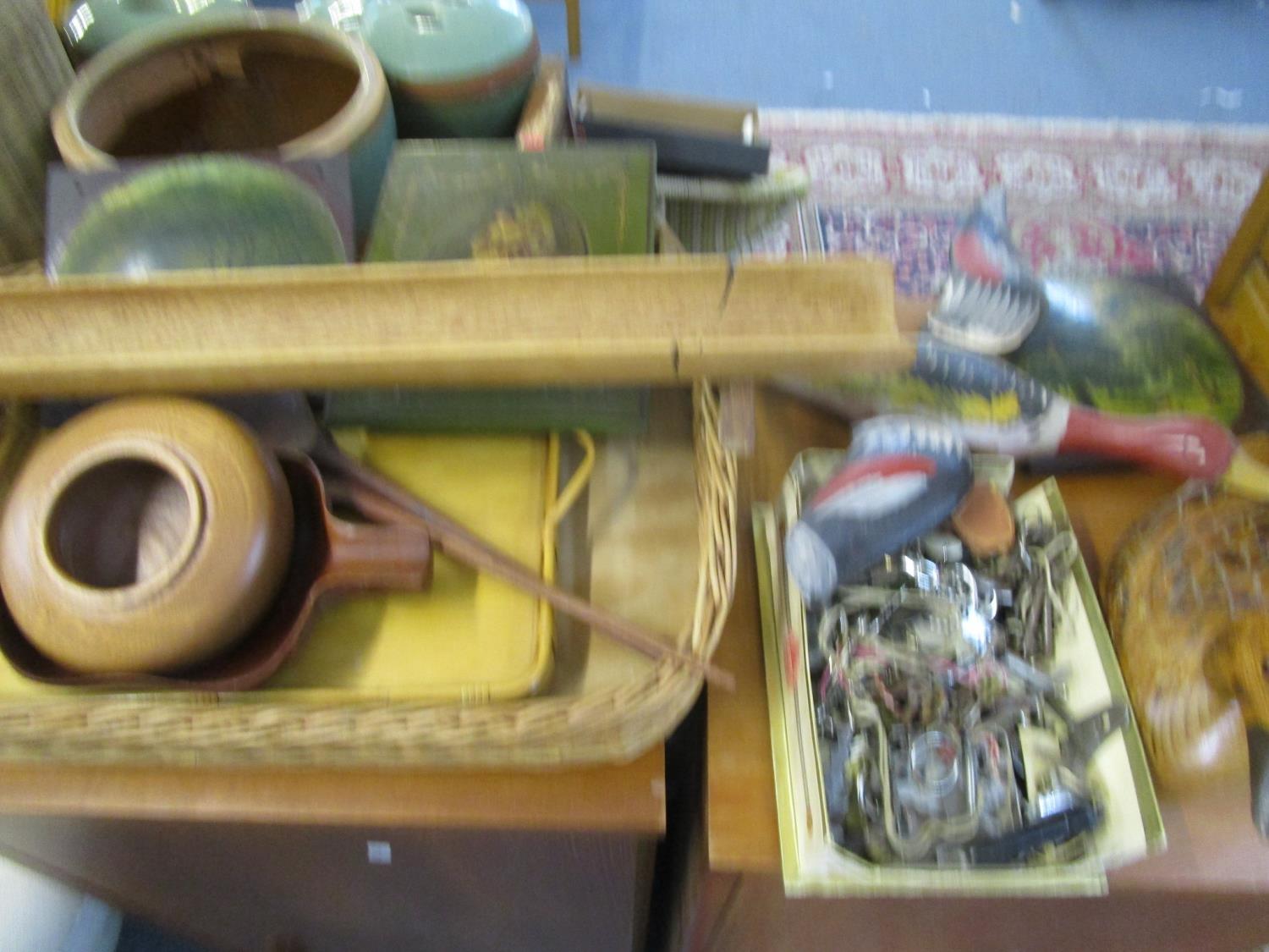 A mixed lot of wooden ware to include two printers trays, two folding child's chairs, bamboo handled - Image 2 of 5