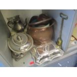 A mixed lot to include a door porter, coal bucket, silver plated tureens and other items