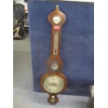A 19th century mahogany banjo barometer having inset mirror and thermometer, 38"h