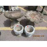 Two composition stone garden planters and two composition stone bird baths A/F