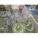 A selection of Wedgwood green Jasperware, together with mixed cut glassware