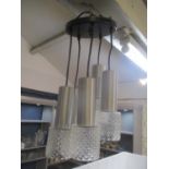 A mid 20th century five aluminium and glass drop ceiling hanging light, clean tested and working
