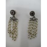 A pair of Italian 18ct gold, diamond and three strand pearl earrings, 11.90 g