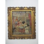 A mid Victorian tapestry, an interior scene with a woman being consoled, 19 1/2" x 16" in a