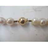 A cultured pearl and gold coloured necklace with eighteen gold coloured discs, the clasp stamped