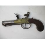 A late 18th/early 19th century English Flintlock pocket pistol, with a sprung blade, a brass box