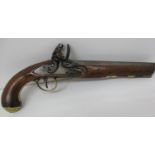 A late 18th/early 19th century flintlock pistol, the 9" barrel stamped extra sharpe proof, a brass