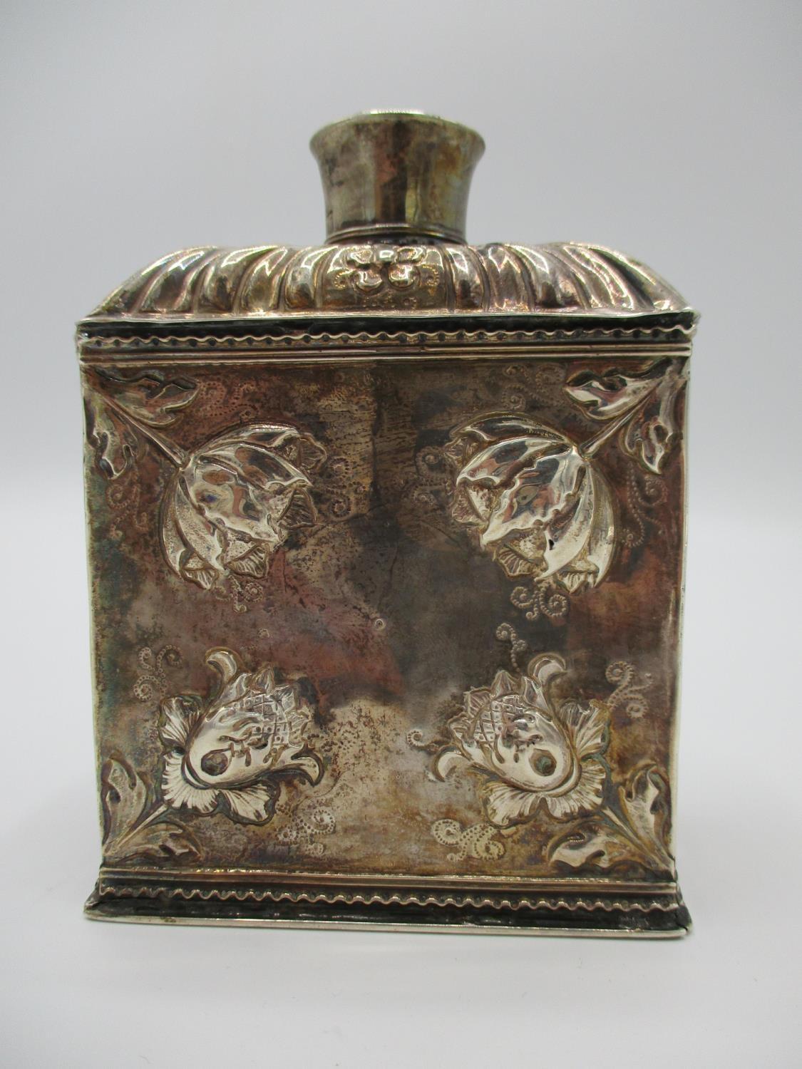 A 19th century white metal tea caddy bearing the Dutch import mark for 1814-1893 to the lid and
