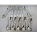 A set of early 20th century German white metal cutlery, consisting of eight dessert forks, two