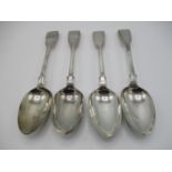 A set of four early Victorian fiddle pattern serving spoons, London 1845, by John James Whiting,