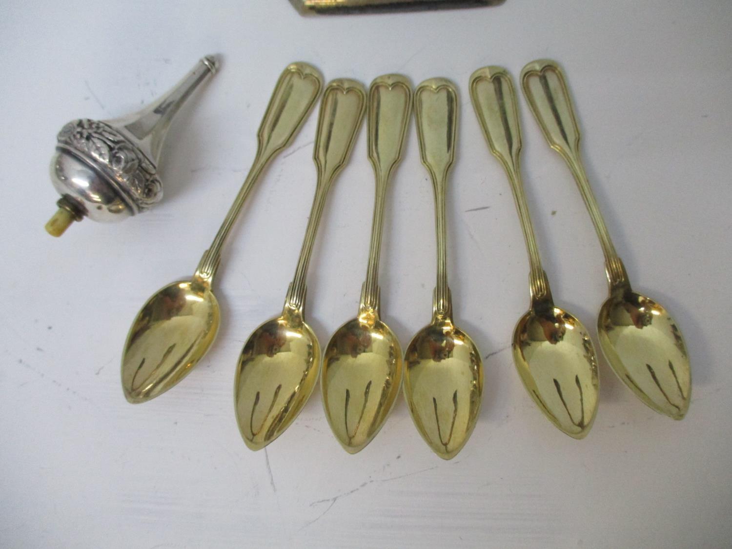 Mixed white metal items to include six gilt coffee spoons, an electric bell push with an ivory - Image 7 of 10