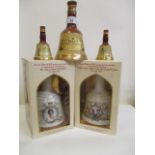 Three unboxed Bells bottles and box commemorative bottles to include the Queens 60th Birthday, 2 x