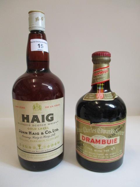 One bottle of Haig Gold label blended Scotch Whisky and one bottle of Drambuie, both marked NAFFI