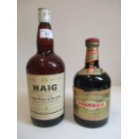 One bottle of Haig Gold label blended Scotch Whisky and one bottle of Drambuie, both marked NAFFI