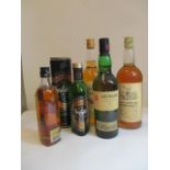 Five bottles of mixed whisky to include Lochlan 70cl, Glenfiddich 35cl, Johnnie Walker Black Label