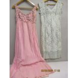 A Susan Small pink sleeveless evening dress with bead and sequin detail to the bodice, mid 20th
