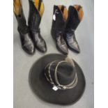 Cowboy interest - a Wrangler Riata felt wide brimmed gents hat, two pairs of black leather cowboy