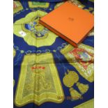 Hermes - a Poste et Cavalerie silk scarf depicting coats of arms and tassels on a navy ground,