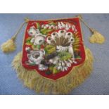 A Victorian needlepoint and bead pole screen banner with tassels and fringe, A/F depicting flora