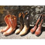 Cowboy boots - a pair of mid brown and orange leather cowboy boots, a pair of Dan Post dark brown