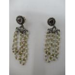 A pair of Italian 18ct gold diamond and three strand pearl earrings, 11.90g