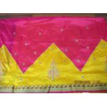 A fuchsia and mustard yellow sari having a gold and coloured thread embroidery, 43" x 210"