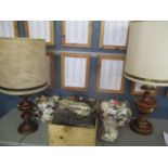 A mixed lot to include two treen table lamps, a collection of match boxes in glass jars and a