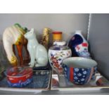 A mixed lot of Oriental items to include ceramics and a figure, together with a reproduction Tong