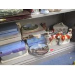 A mixed lot to include a pair of Staffordshire figures, collectors plates, a stool, mixed pictures