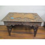 A late 19th/20th century Chinese carved hardwood folding payer table, 16" H x 24" W